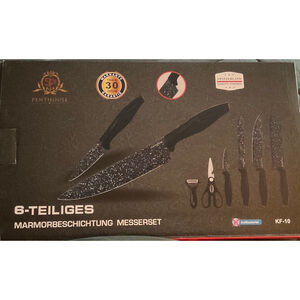 6pc Marble Knife Set Black Nonstick Kitchen Knives w Scissors & Peeler. New in